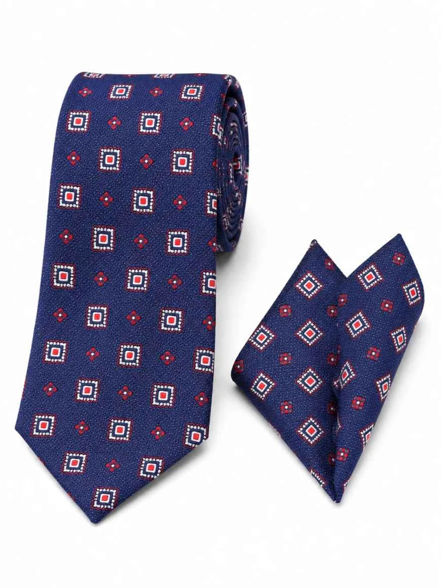 Navy Blue Geometric Square Medallion & Diamond Tie & Pocket Square Set