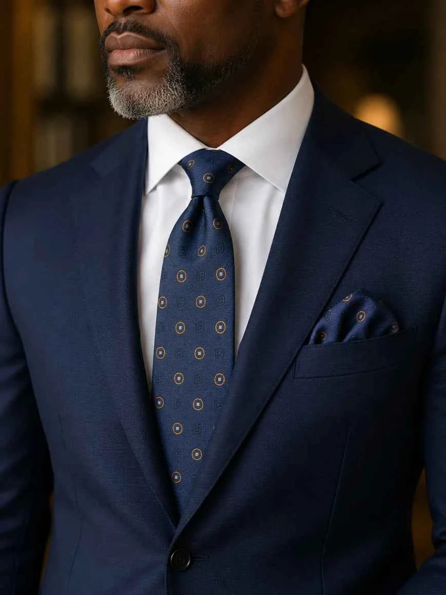 Navy Blue Gold-Ringed Circle Medallion Tie & Pocket Square Set