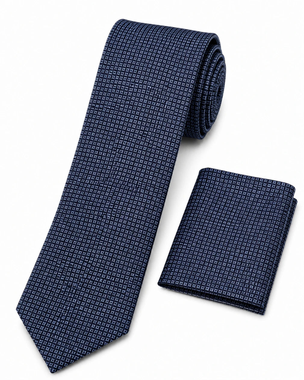 Navy blue patterned tie and matching pocket square on a white background