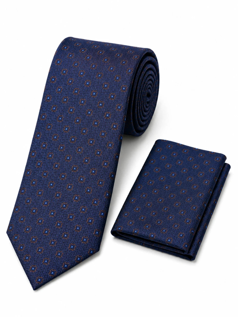 Navy blue patterned tie and matching pocket square on a white background
