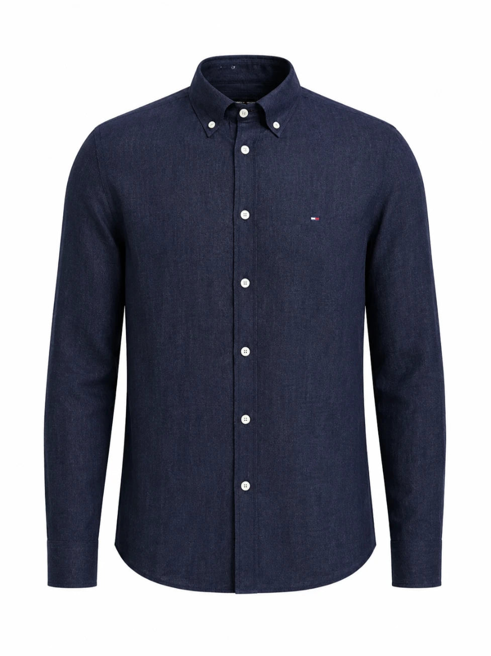 Navy blue shirt with white buttons on a white background