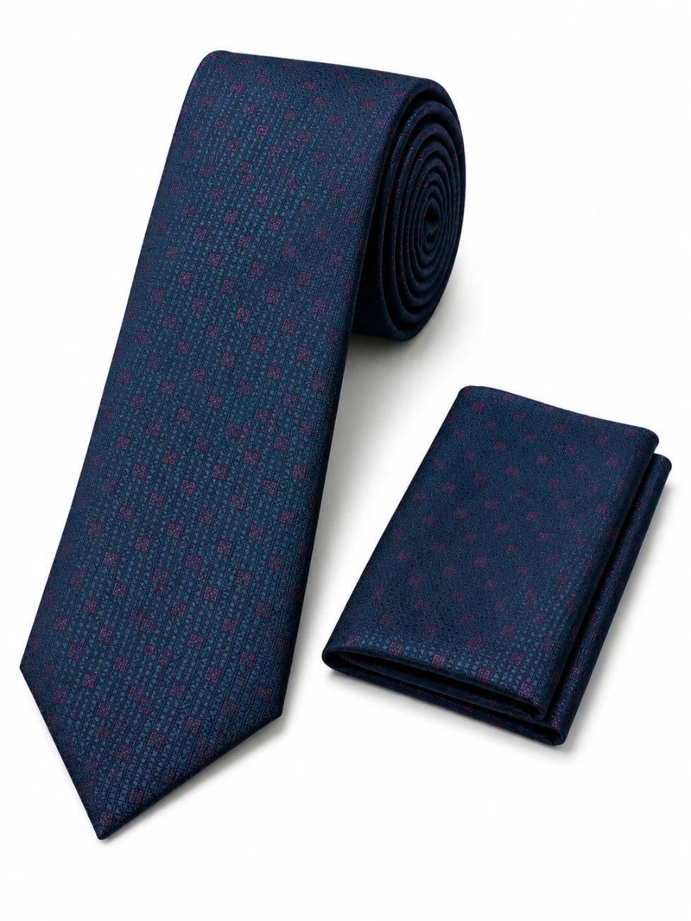 Navy blue tie and matching pocket square with subtle pattern on a white background
