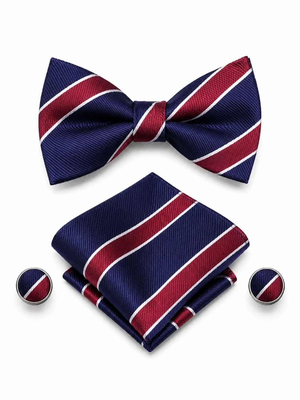 Infynite Navy Burgundy Striped Bow Tie Set – premium men's menswear > accessories > ties