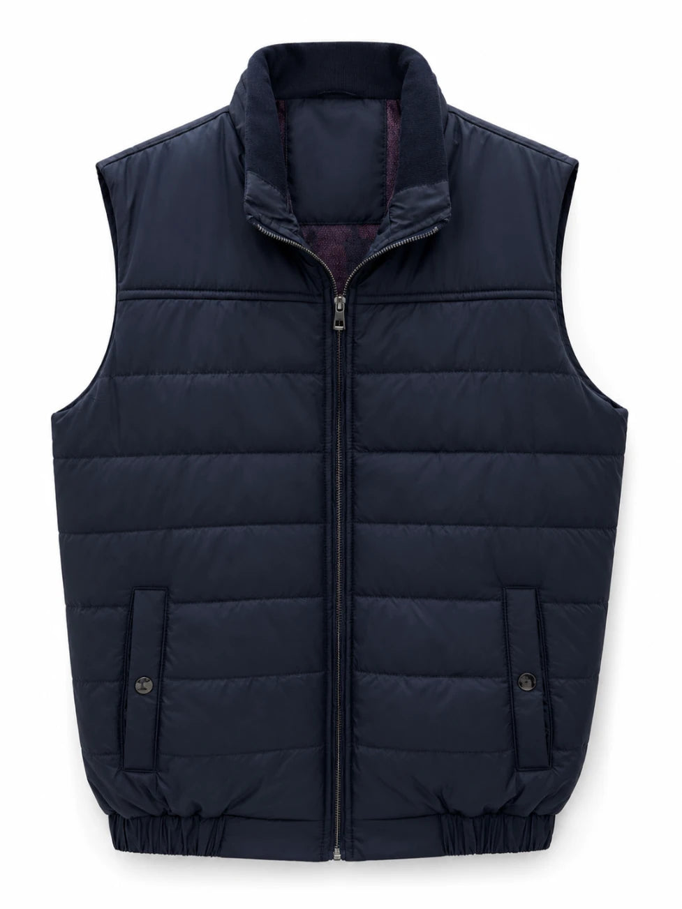 Navy puffer vest on a white background