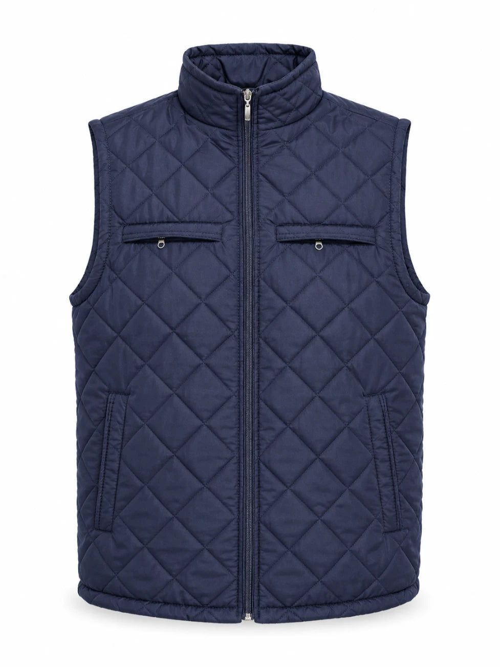 Navy quilted vest on a white background
