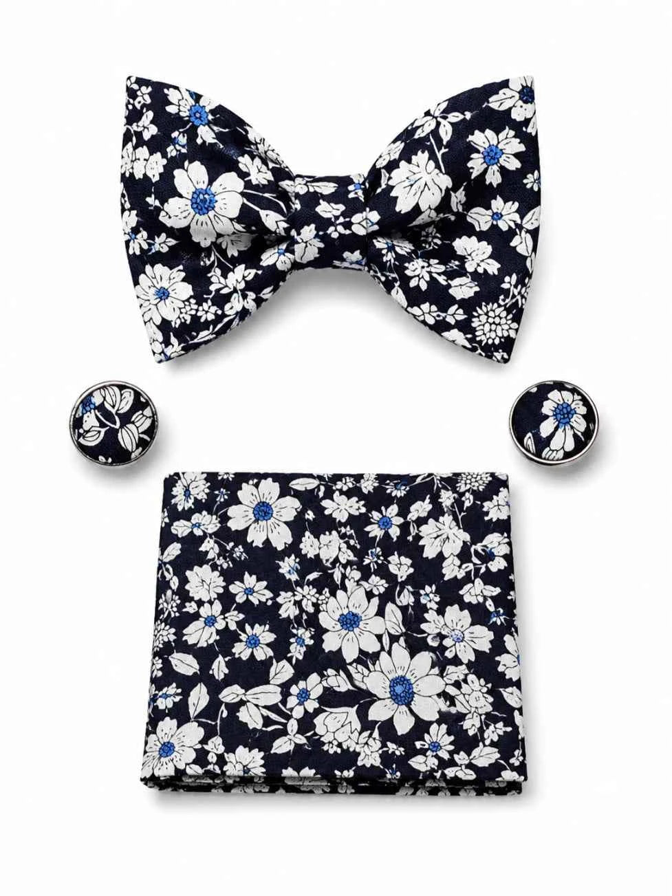 Navy White Floral Bow Tie Set