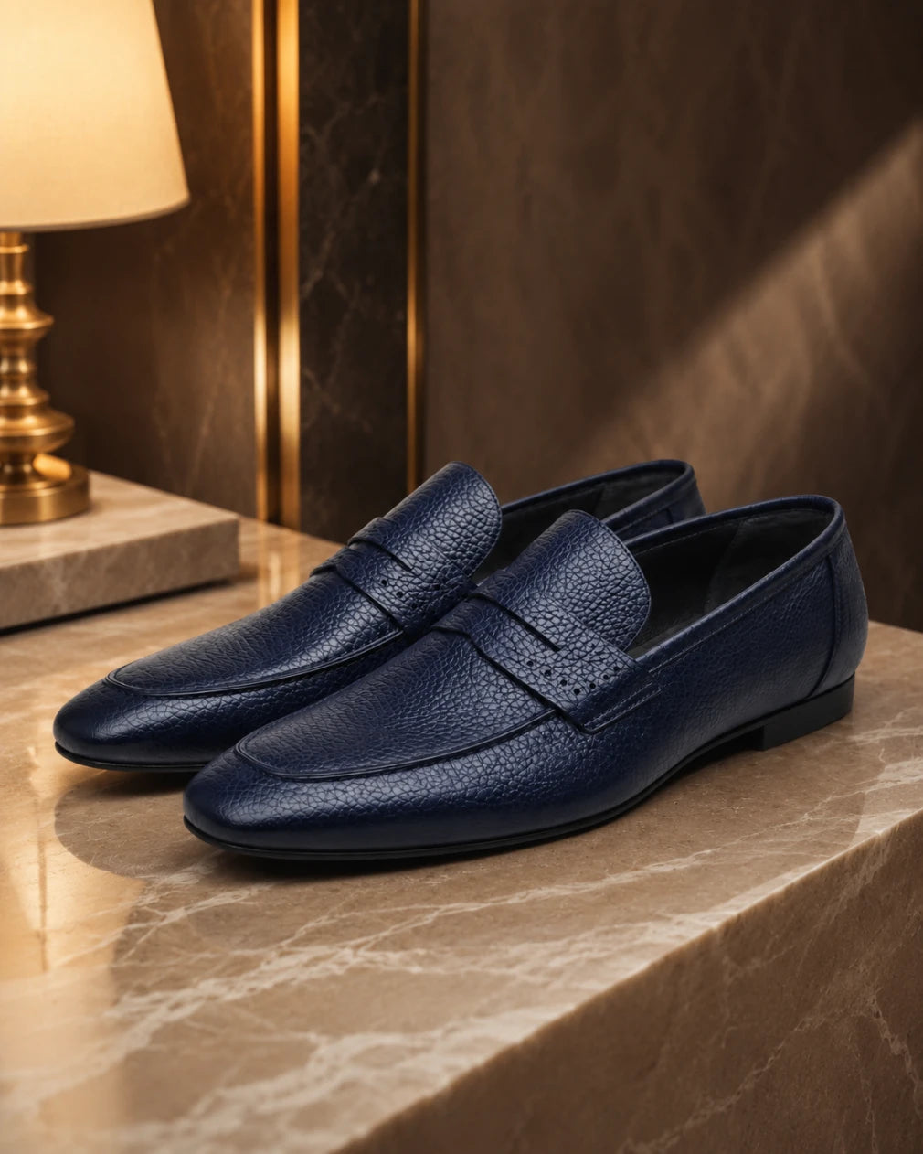 Pair of blue leather loafers on a marble surface with a warm background