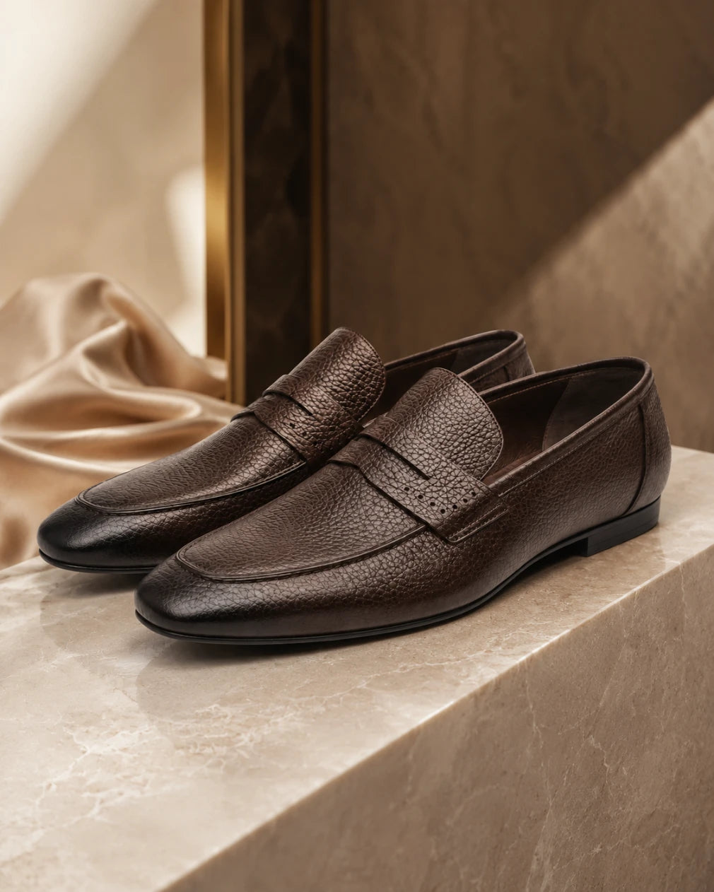 Pair of brown leather loafers on a marble surface with a soft fabric background