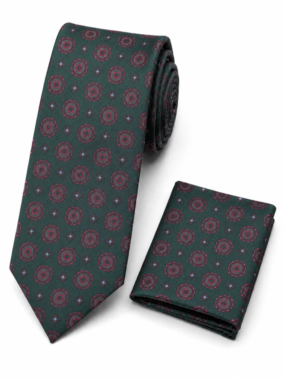 Patterned tie and pocket square set on a white background