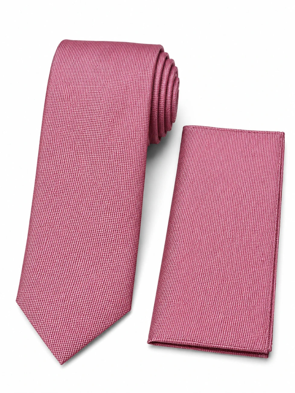 Pink tie and matching pocket square on a white background