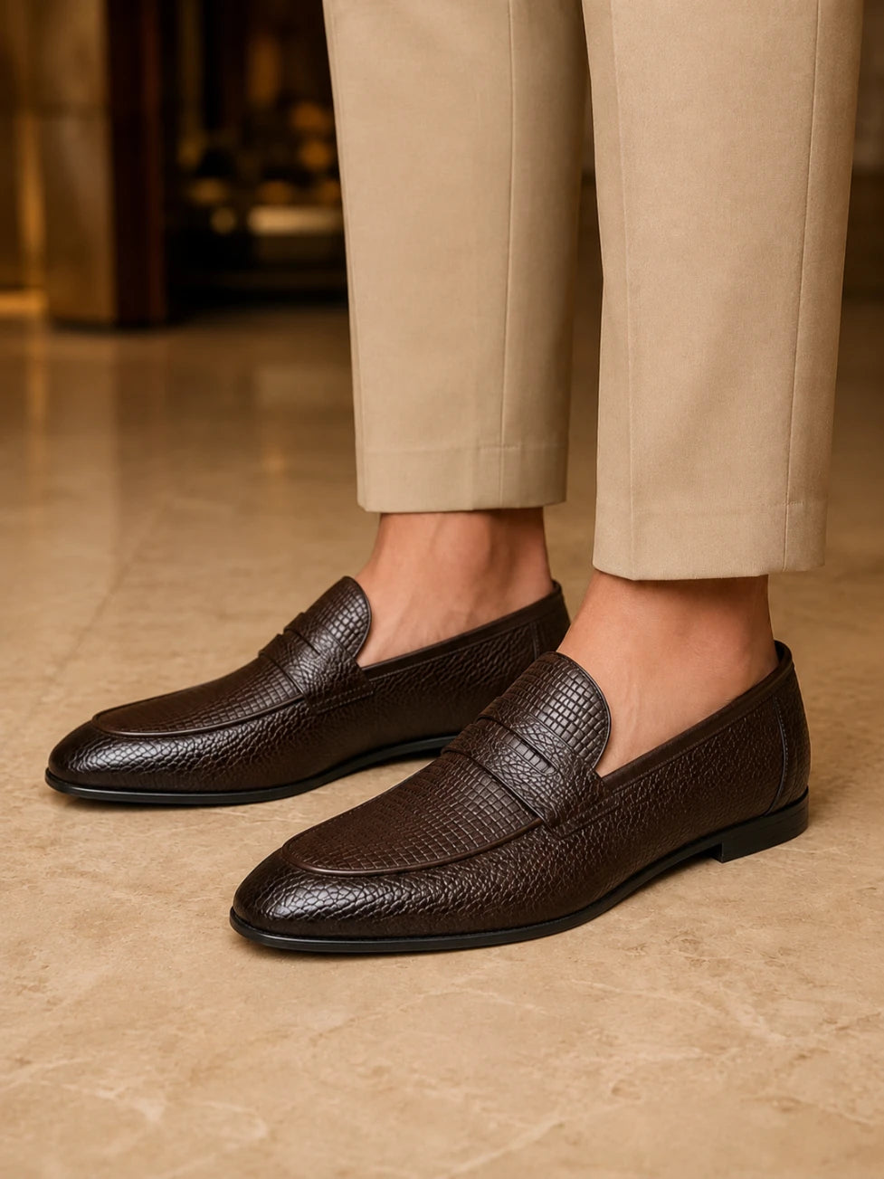 Infynite Premium Brown and black Textured Leather Loafers – premium men's menswear > shoes > loafers – view 6