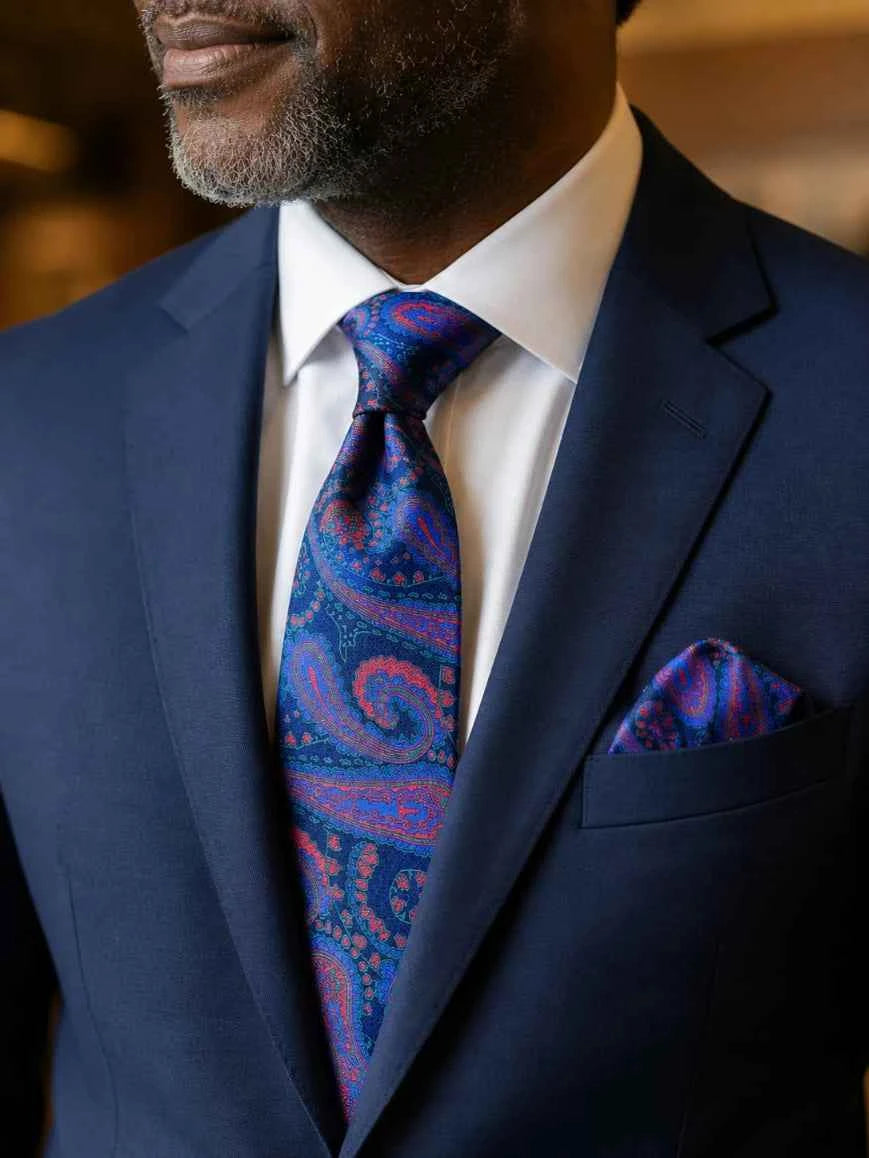 Royal Blue & Crimson Red Large-Scale Paisley Jacquard Tie & Pocket Square Set