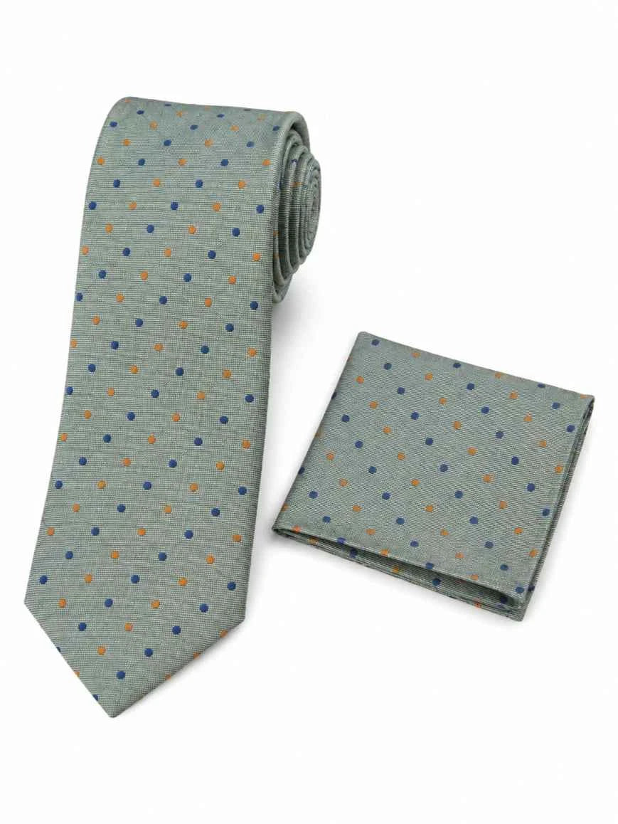 Sage Green Dual-Colour Polka Dot Tie & Pocket Square Set