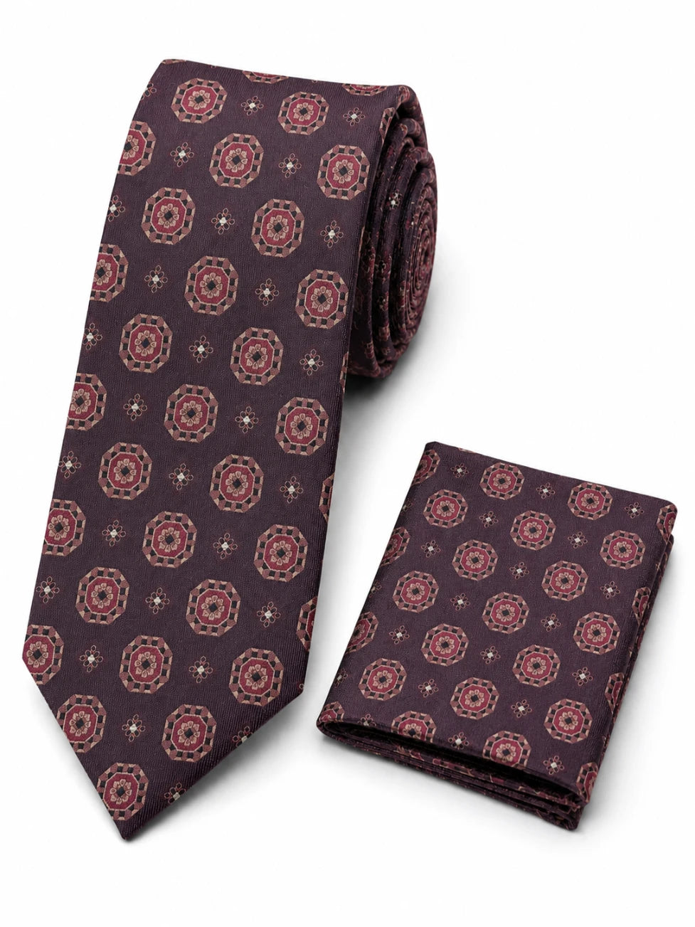 Infynite Santare Burgundy Gold Medallion Tie & Pocket Square Set – premium men's menswear > accessories > ties