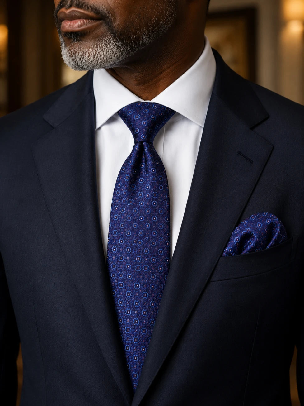 Infynite Santare Deep Navy Geometric Tie & Pocket Square Set – premium men's menswear > accessories > ties – view 2