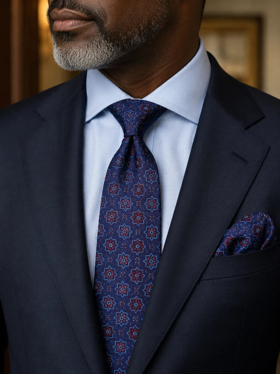 Infynite Santare Navy Brown Medallion Tie & Pocket Square Set – premium men's menswear > accessories > ties – view 2