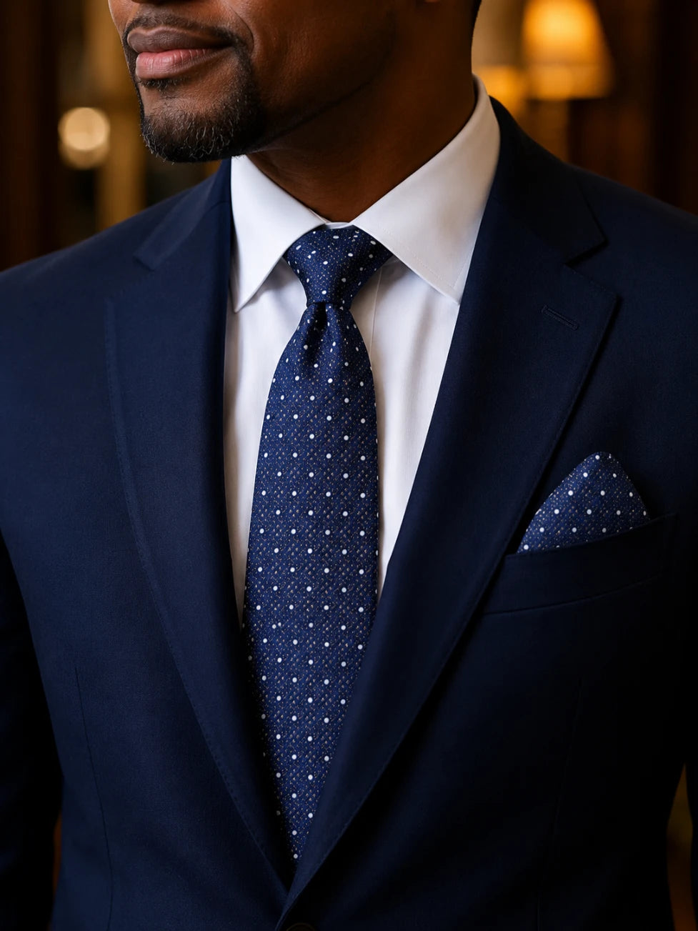 Infynite Santare Navy White Polka Dot Tie & Pocket Square Set – premium men's menswear > accessories > ties – view 2
