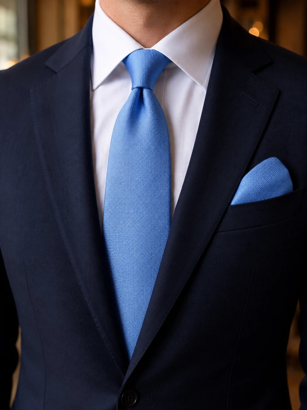 Infynite Santare Sky Blue Textured Tie & Pocket Square Set – premium men's menswear > accessories > ties – view 2