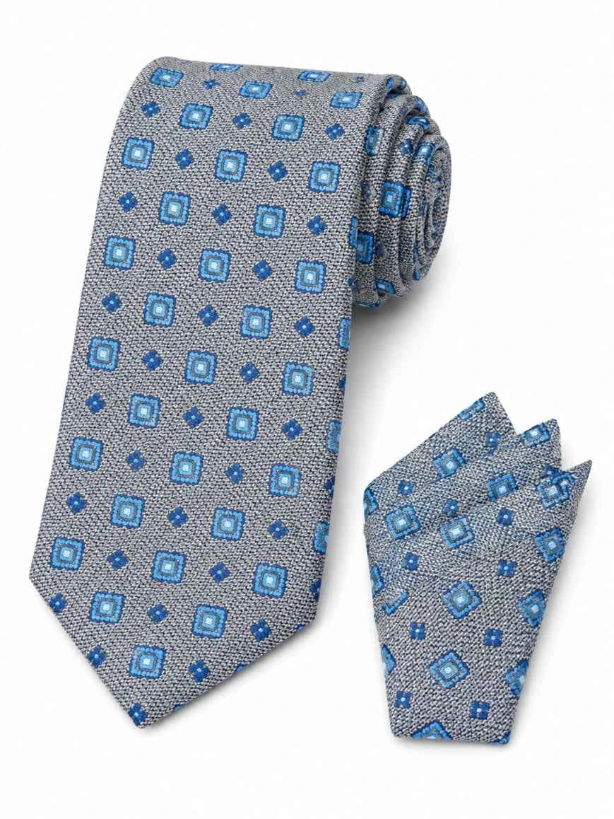 Silver Grey & Blue Geometric Square Medallion Tie & Pocket Square Set