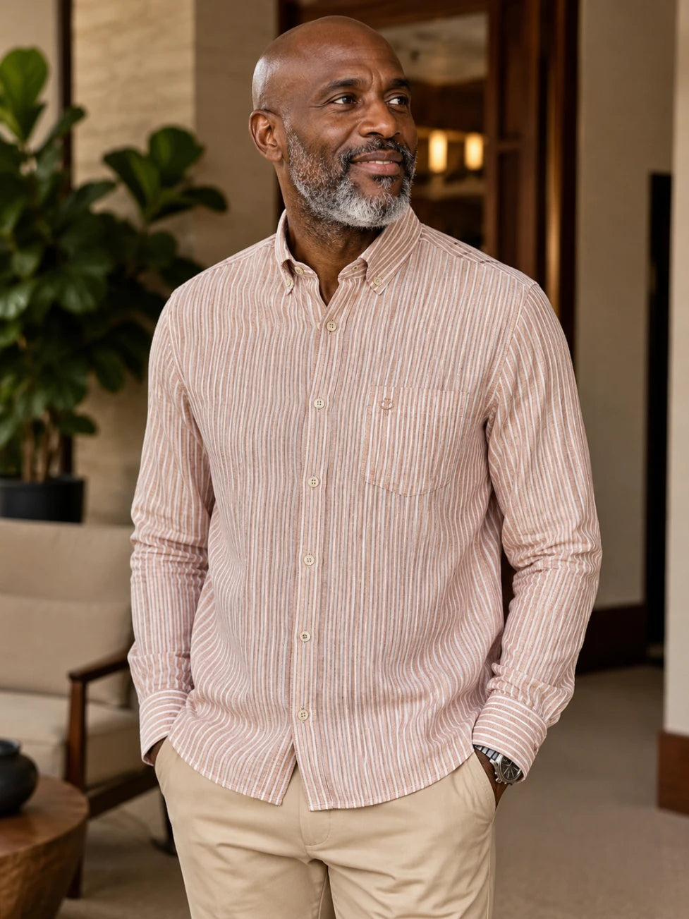 Infynite Slim Fit Beige–Brown Striped Linen Shirt – premium men's menswear > shirts – view 2