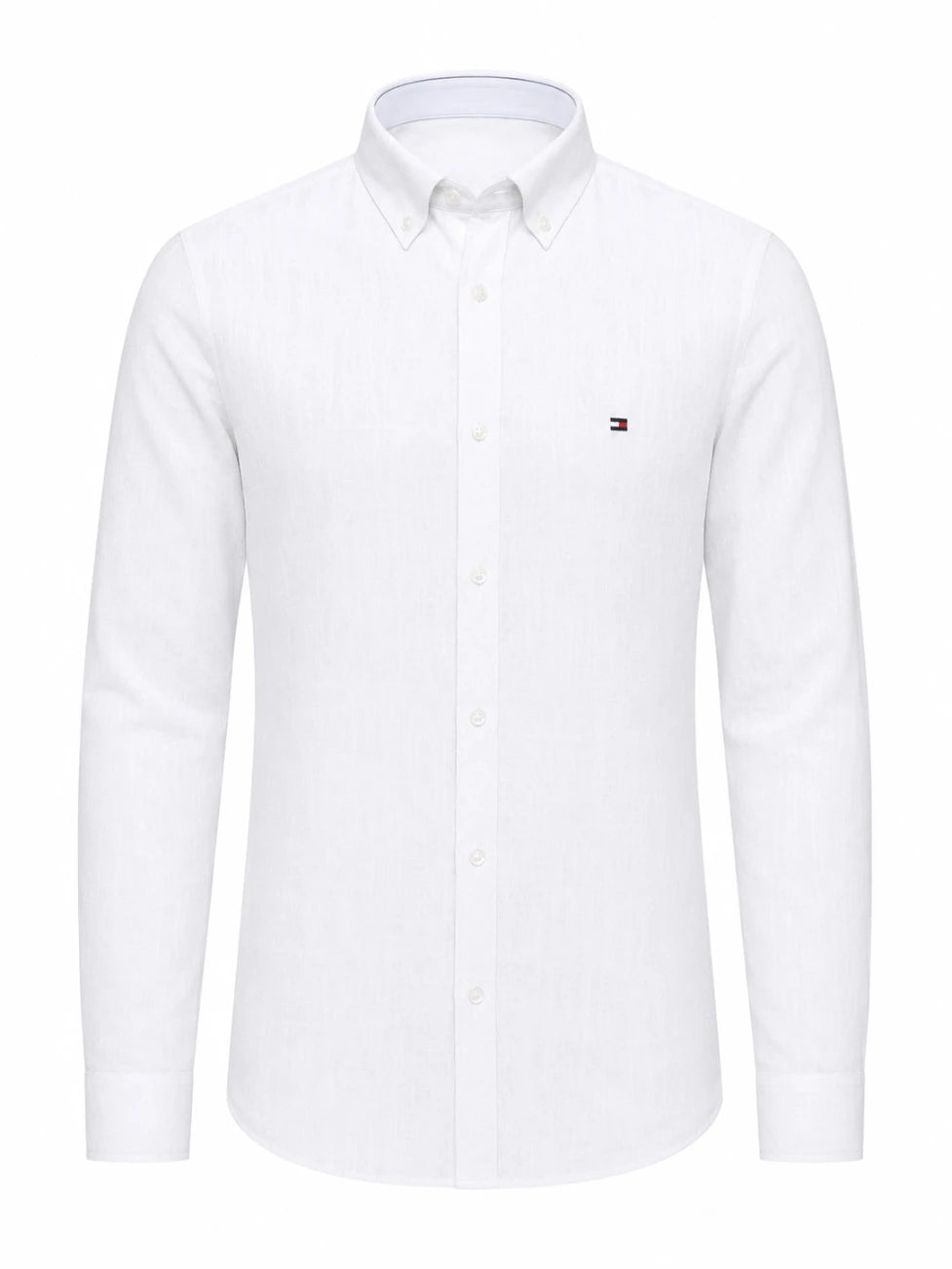 White dress shirt with a small logo on a white background